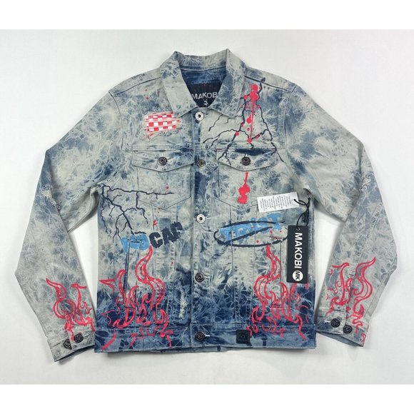 Makobi Men Small Denim Jean Jacket Acid Wash Light Blue Painted Distressed M1052